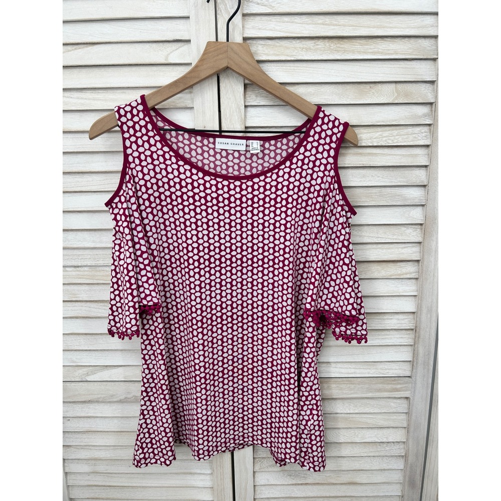 Susan Graver Liquid Knit Cold Shoulder Top Medium Burgundy Crochet Trim Pom Pom